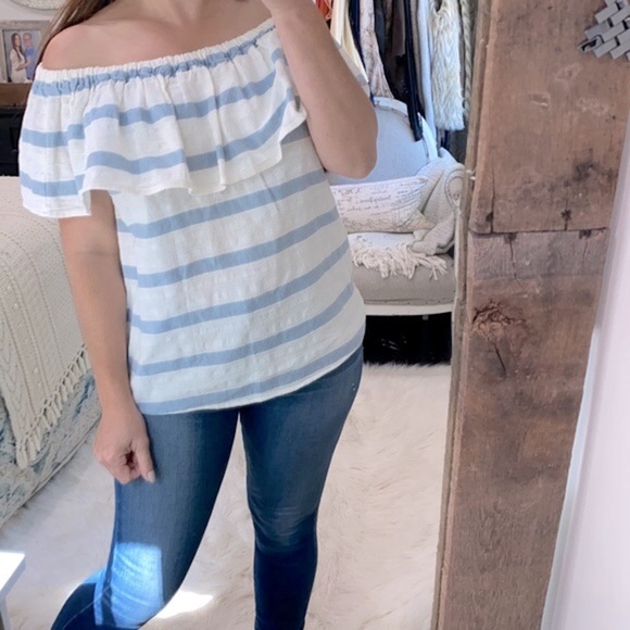 Cato blue & white striped off shoulder preppy top size large - Picture 1 of 4